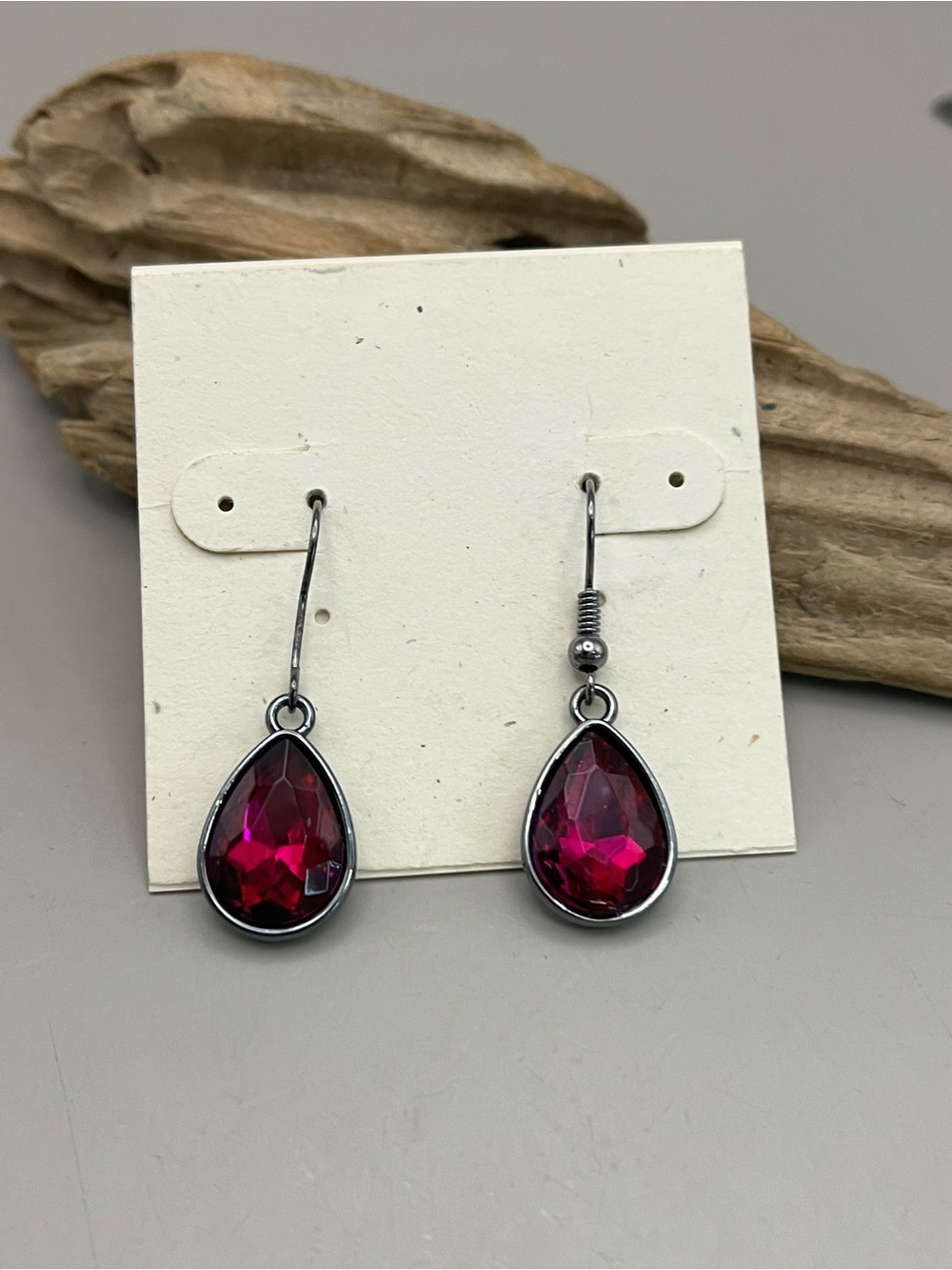 Fuchsia Teardrop Earrings Silver Tone Dangle Magenta Crystal Pear Drop Faceted